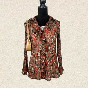 Apt. 9 Floral Ruffled Crinkled Button Up Flowy Blouse - Multicolor